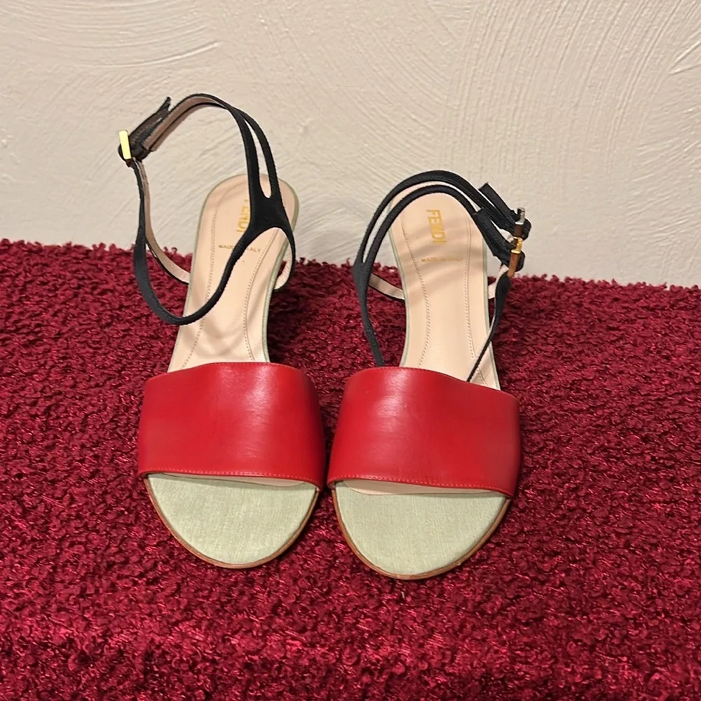 Fendi Olive Faille Color Block Ankle Strap Sandals size 8 - Picture 3 of 17